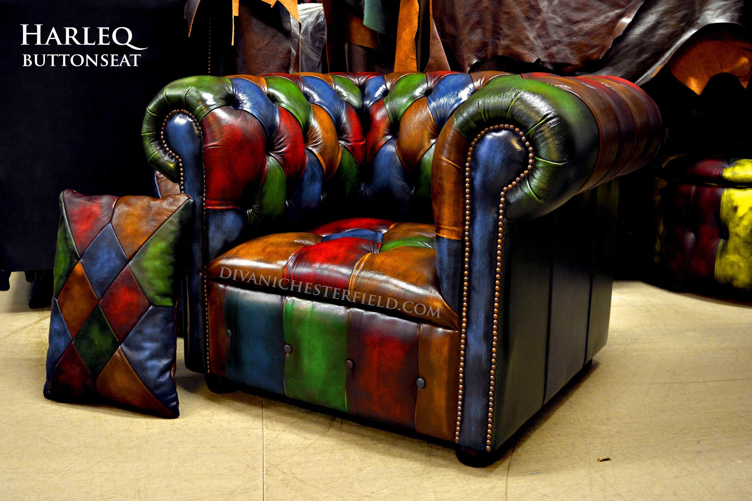multicoloured patchwork chairs club button harlequin