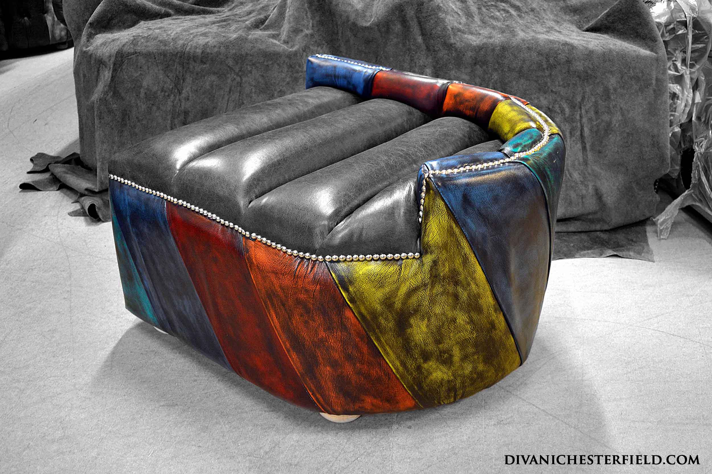 modern ottoman footstool shell sofa patchwork multicoloured leathers