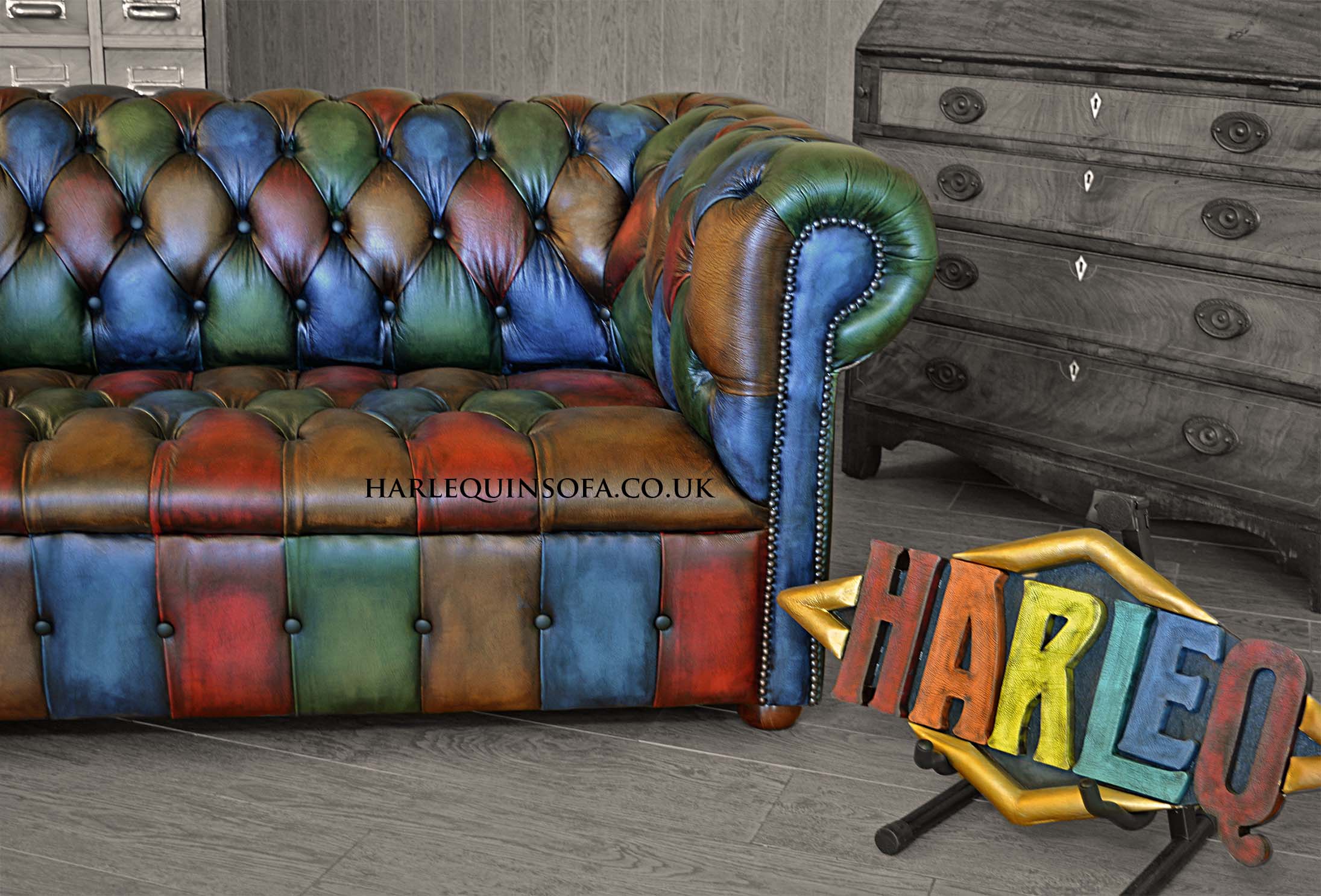 Chesterfield patchwork leather sofa