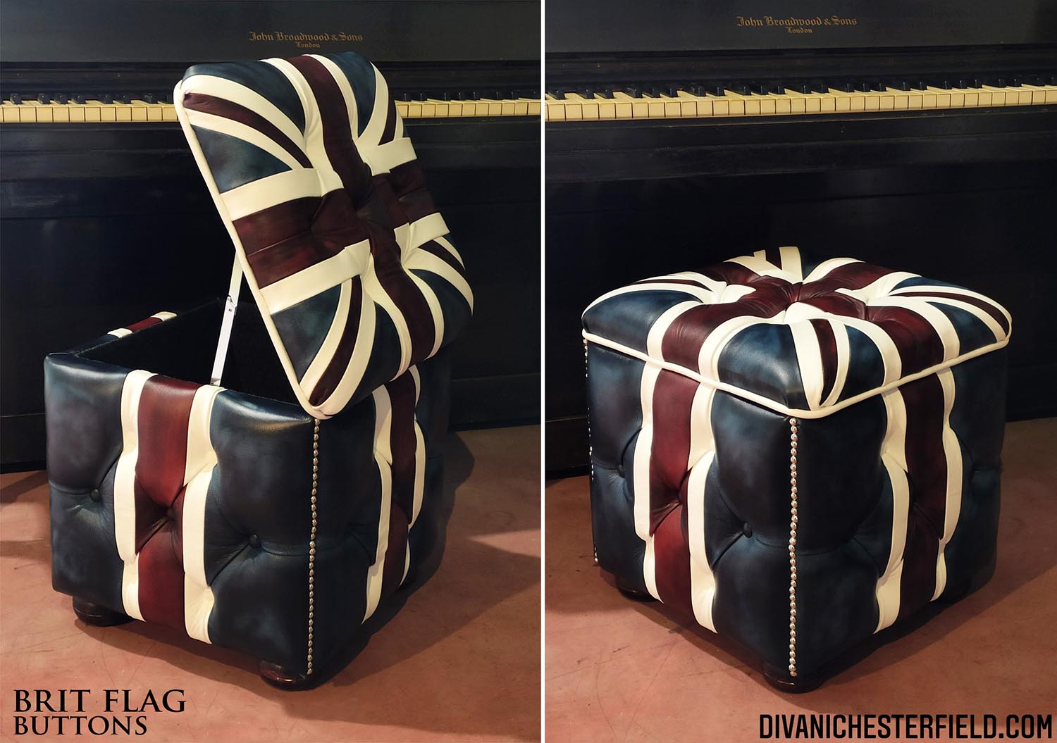 multi coloured flag footstool open box lid british flag buttoned chesterfield vintage patchwork leathers
