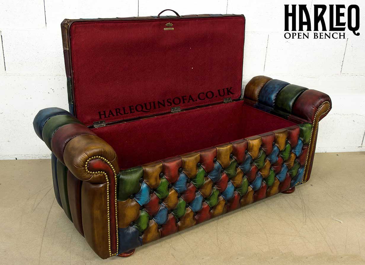 open lid chesterfield bench multi coloured leathers