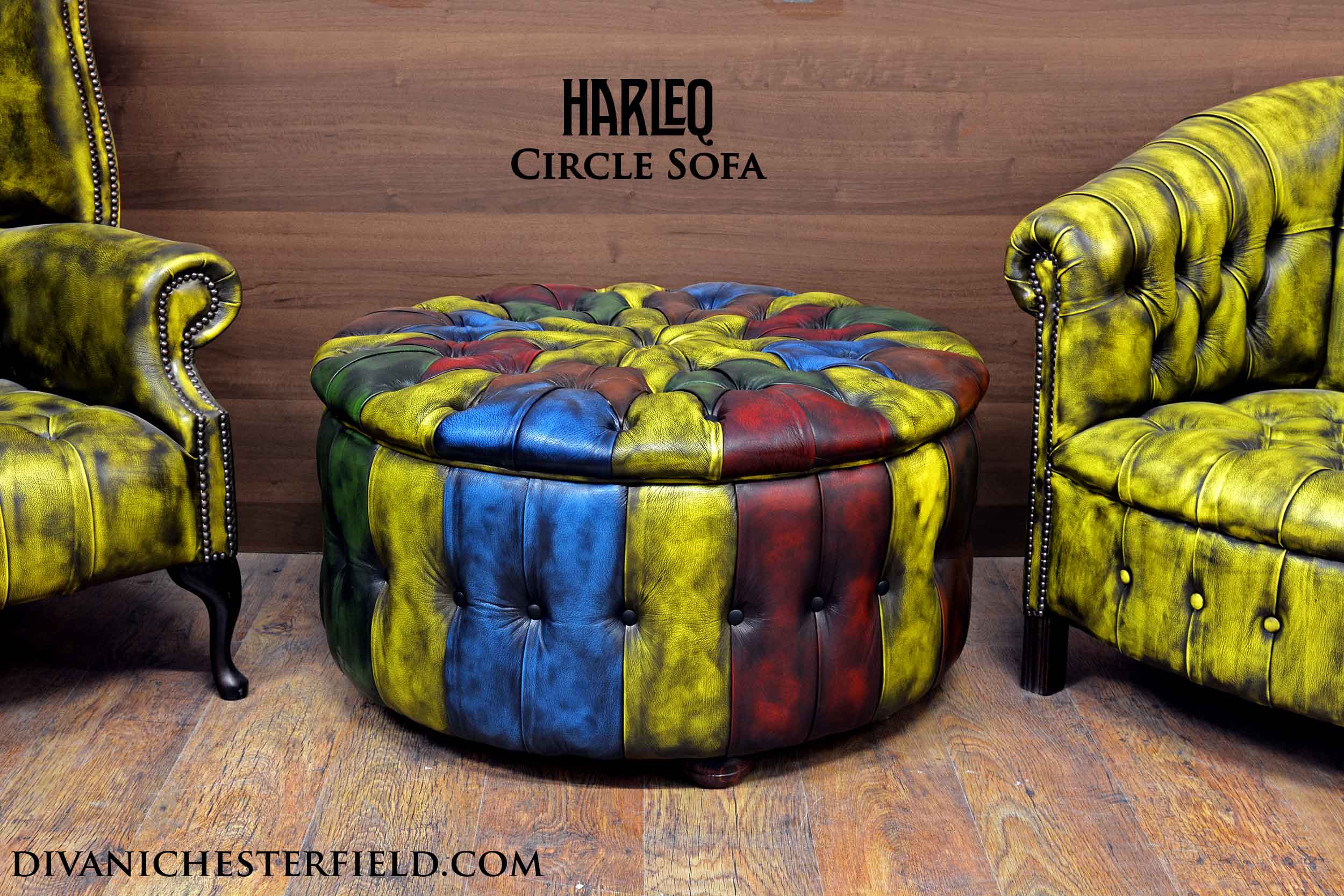 circle sofa ottoman multi coloured chesterfield vintage patchwork leathers