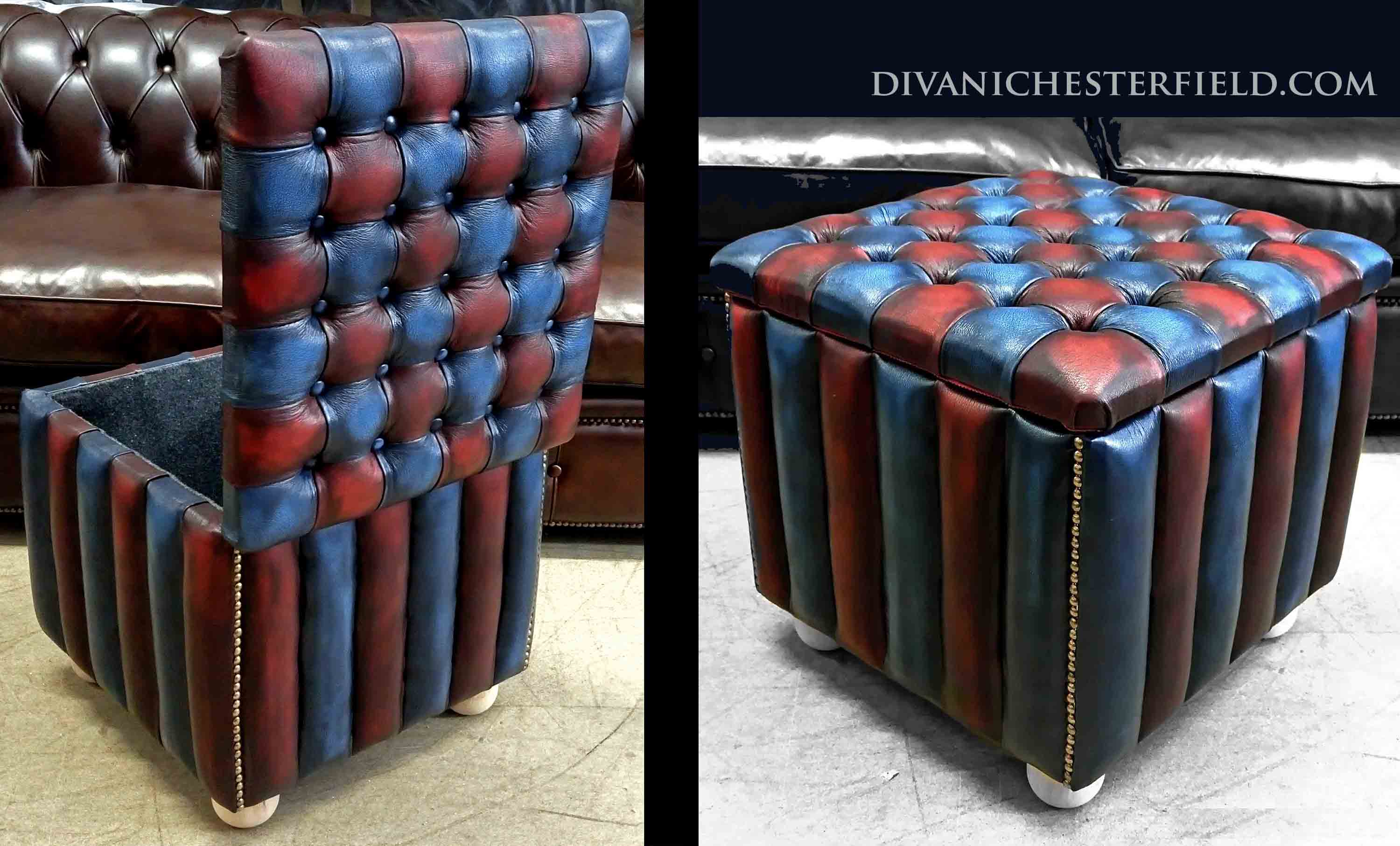 modern multi coloured open lid box footstool chesterfield red blue leathers